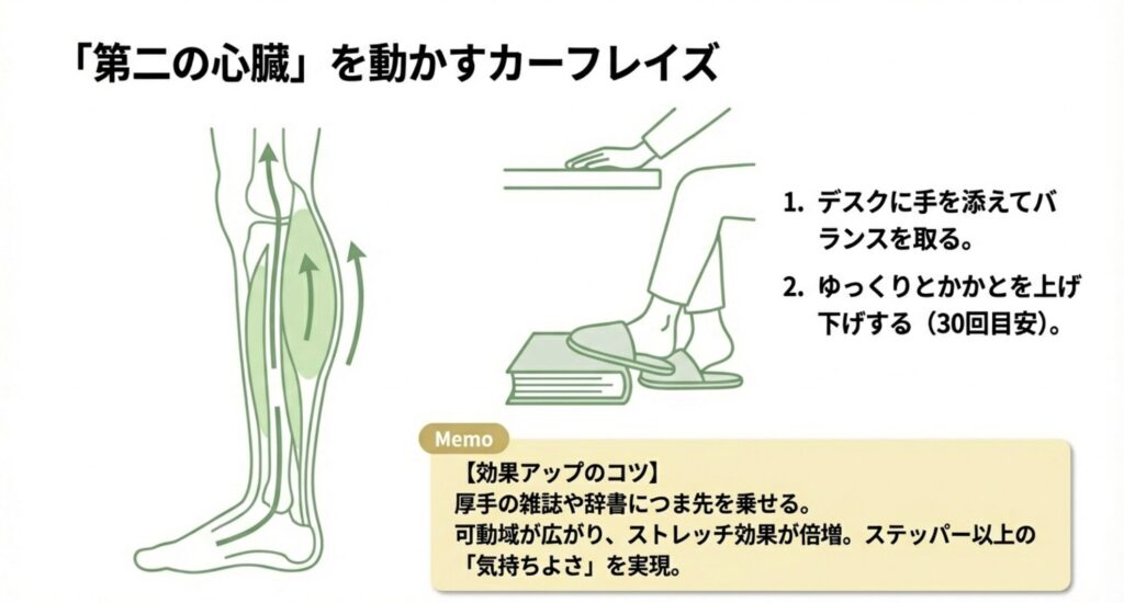 ふくらはぎを鍛えるカーフレイズのやり方。雑誌や辞書につま先を乗せて可動域を広げ、ストレッチ効果を高めるコツを紹介。