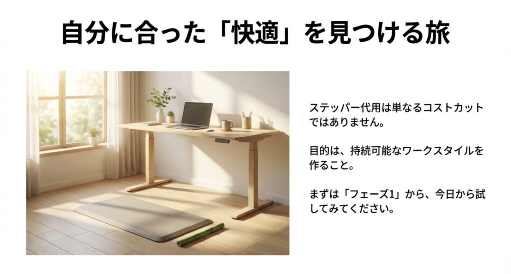 快適なスタンディングデスク環境の写真。ステッパー代用はコストカットだけでなく、持続可能なワークスタイルを作ることが目的であるという結びのメッセージ。