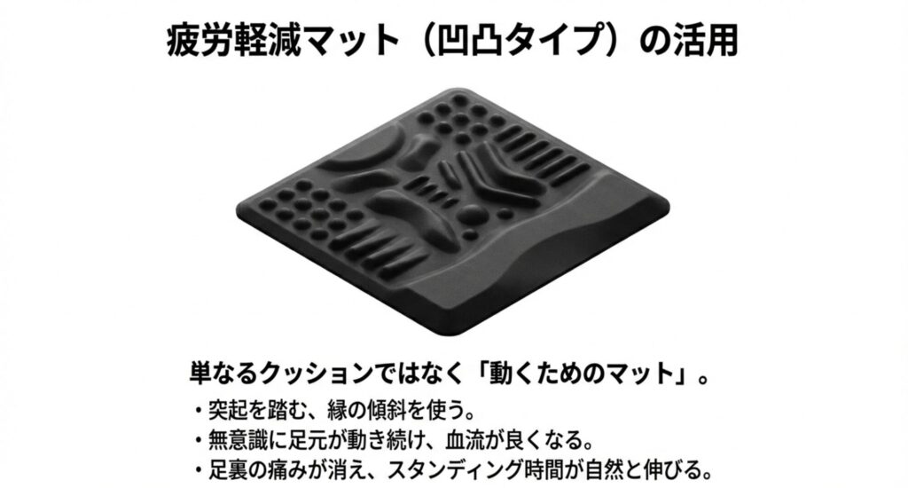 表面に凹凸がある疲労軽減マットの写真。突起を踏むことで無意識に足元が動き、血流改善と疲労軽減につながる仕組み。