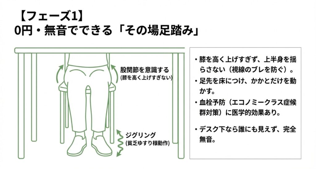 デスク下で行う静かな足踏み（ジグリング）のイラスト解説。股関節を意識し、膝を上げすぎないフォームで血栓予防効果を得る方法。