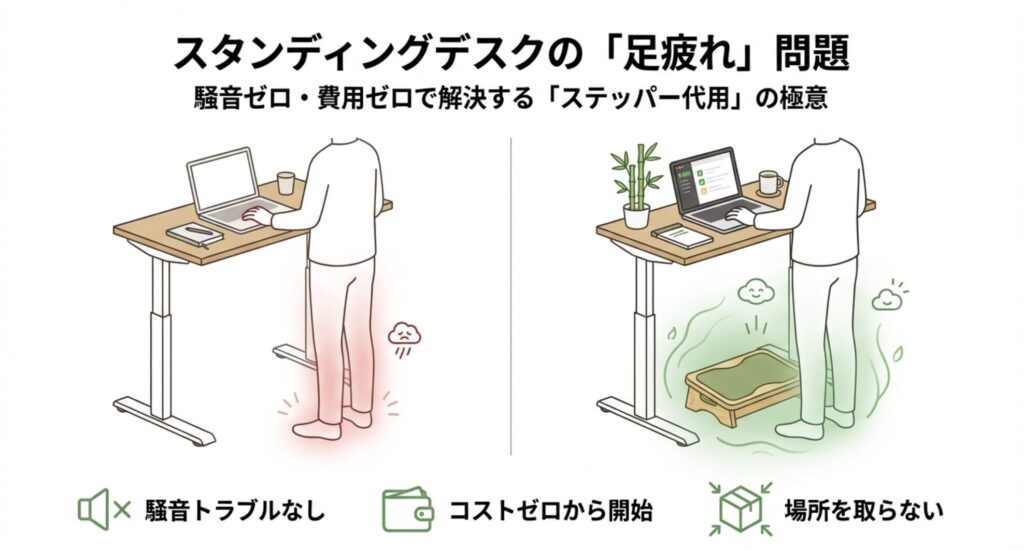 スタンディングデスクで作業する男性のイラスト。足の疲れに悩み、ステッパー代用として静音・費用ゼロの解決策を提案する表紙スライド。