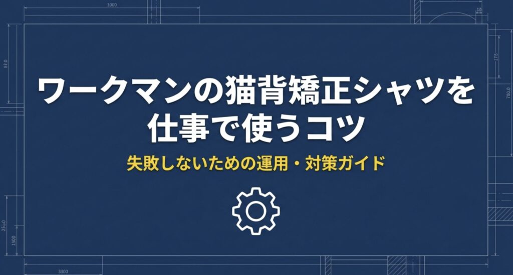 ワークマンの猫背矯正シャツを仕事で使うコツ。失敗しないための運用・対策ガイドという文字と歯車のアイコン。