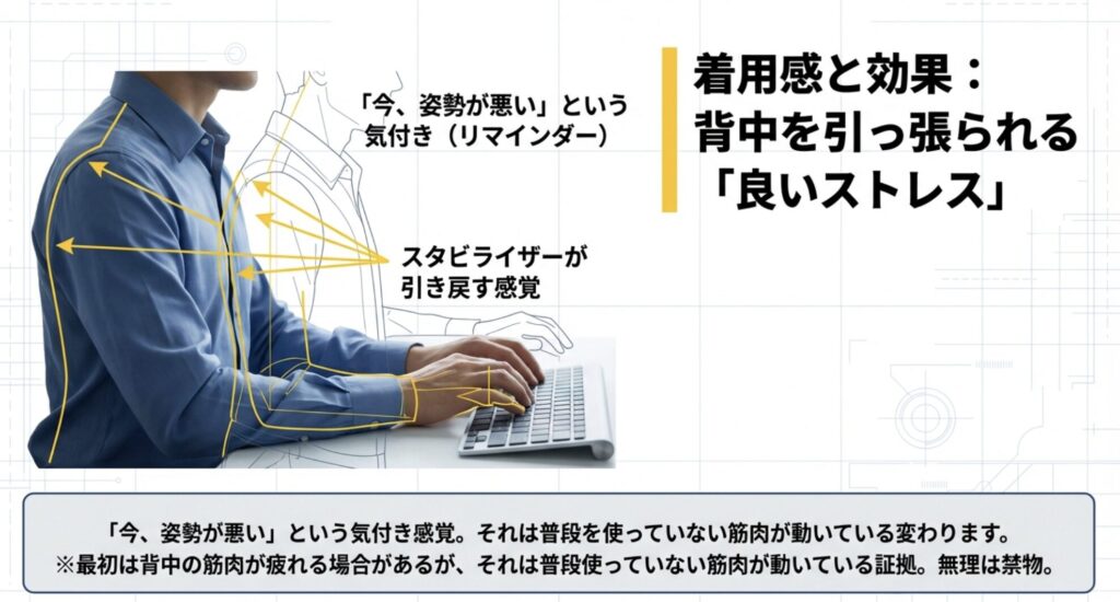 デスクワーク中の男性の図。背中が丸まるとスタビライザーが矢印方向に引き戻すイメージ。「良いストレス」という説明。