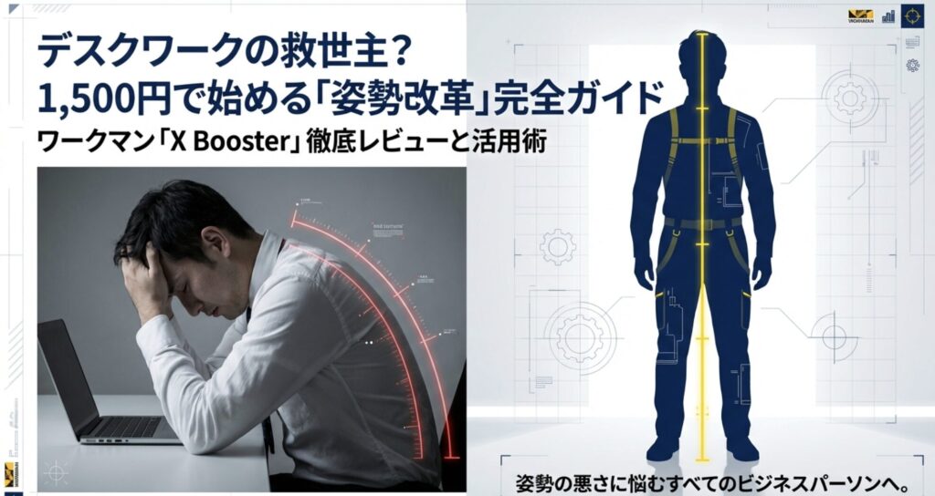 デスクワークで頭を抱える男性と、背筋が伸びて矯正されているイメージ図。1500円で始める姿勢改革の文字。