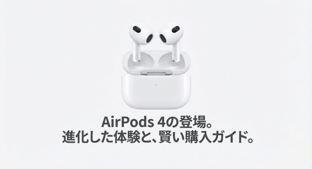 AirPods 4の本体とケースが描かれた、賢い購入方法を解説するスライド資料の表紙画像。
