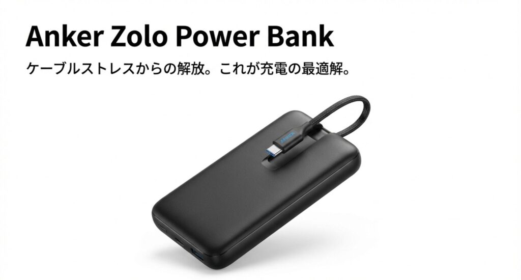 USB-Cケーブルが一体となったAnker Zolo Power Bankの本体外観