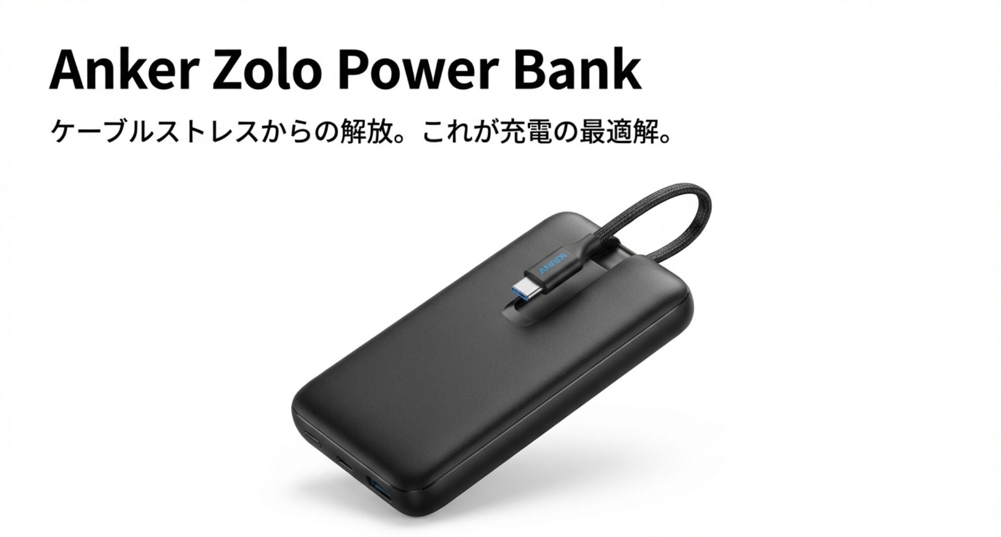 USB-Cケーブルが一体となったAnker Zolo Power Bankの本体外観