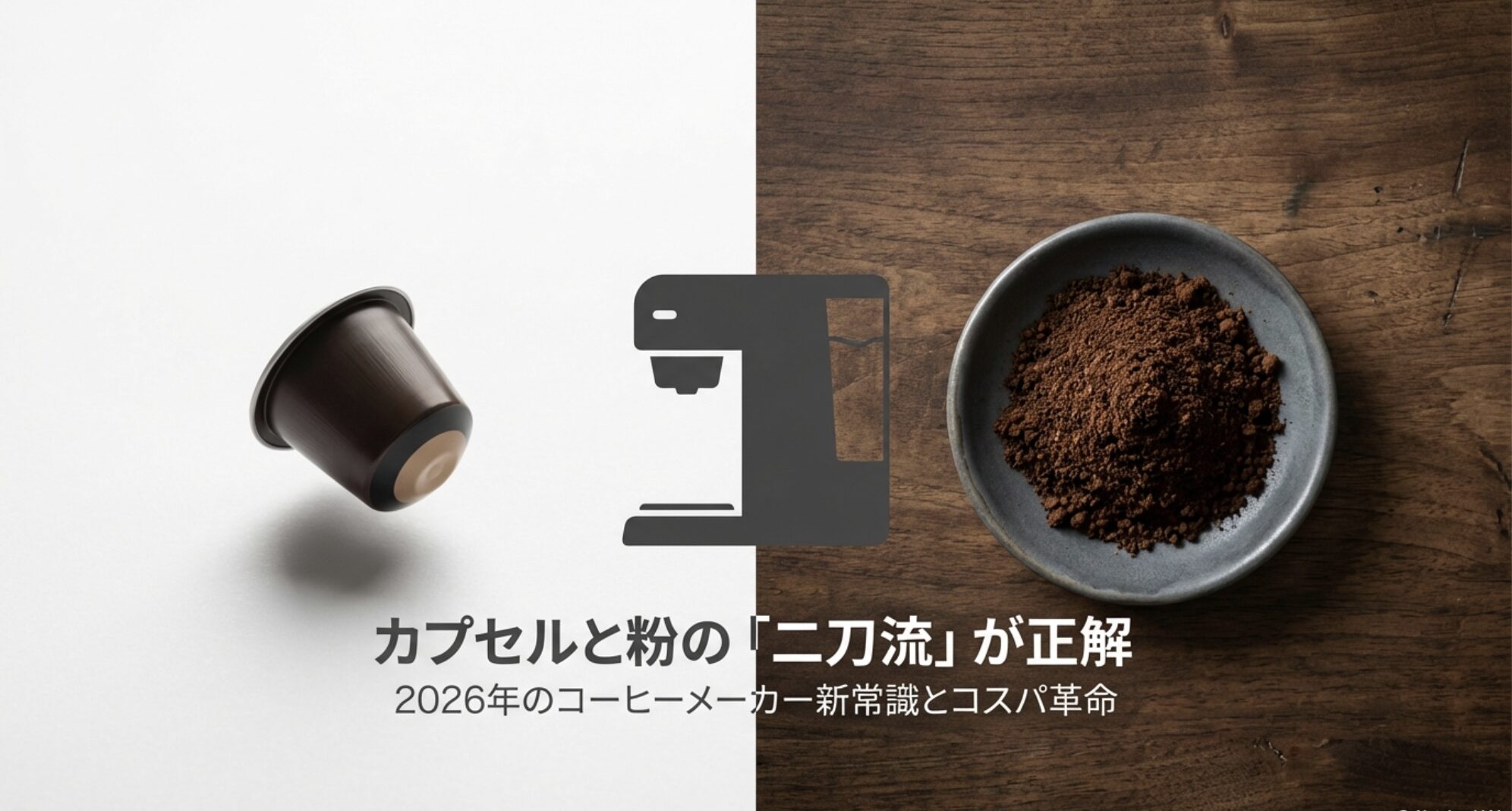 カプセルと粉の両方が使えるコーヒーメーカーのメリットを解説したスライドの表紙