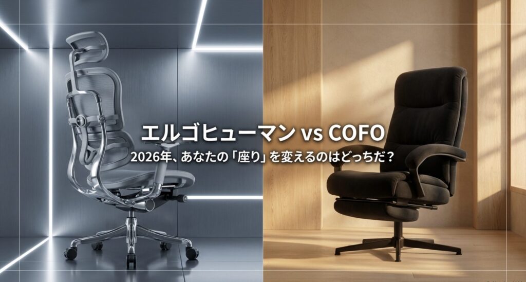 エルゴヒューマンとCOFOのチェア比較。2026年、あなたの「座り」を変えるのはどっちだ？というキャッチコピーのスライド資料