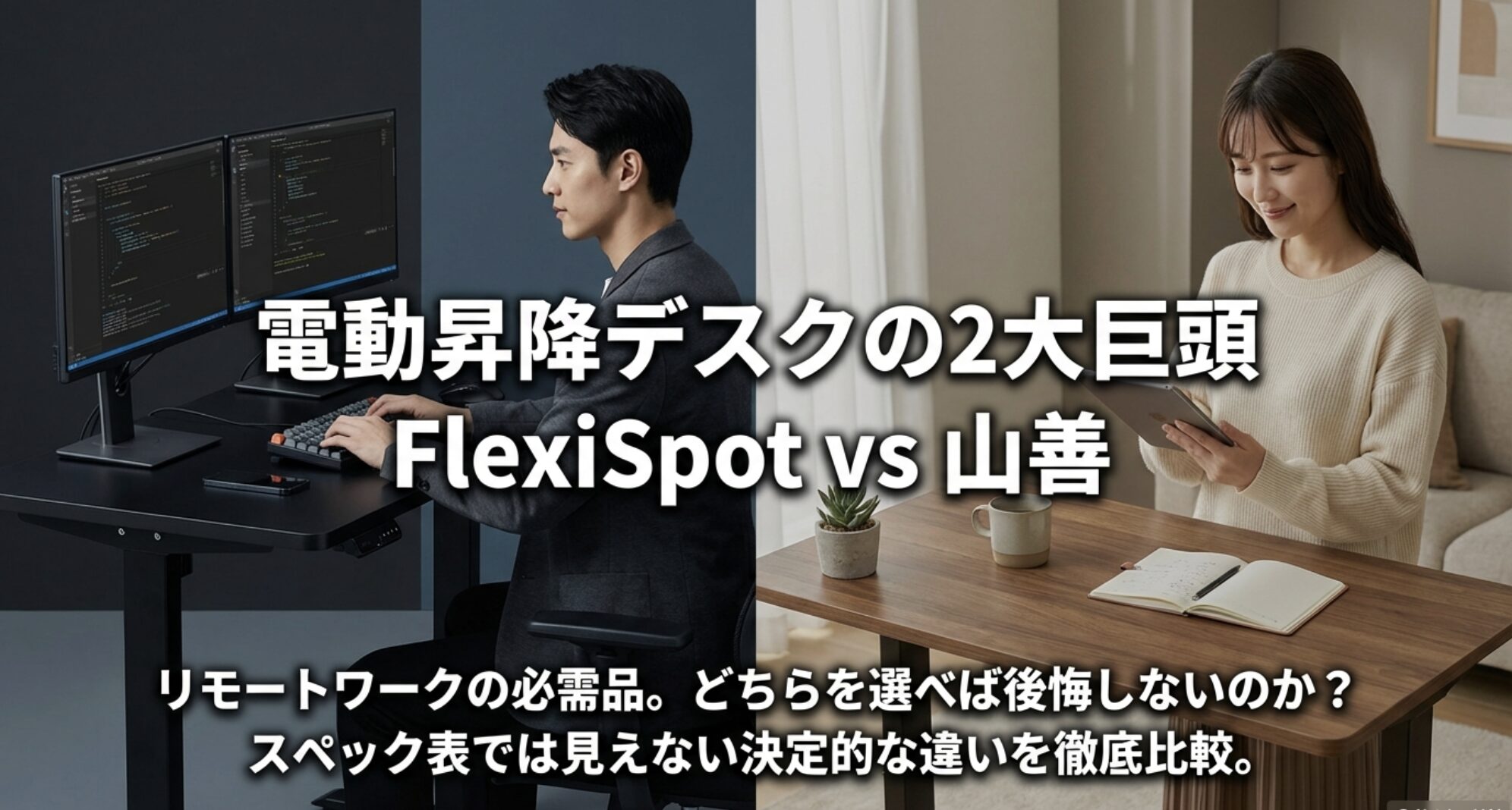 電動昇降デスクの2大メーカーであるFlexiSpotと山善(YAMAZEN)の比較。リモートワークの必需品としてどちらを選ぶべきか徹底検証する記事のアイキャッチ。