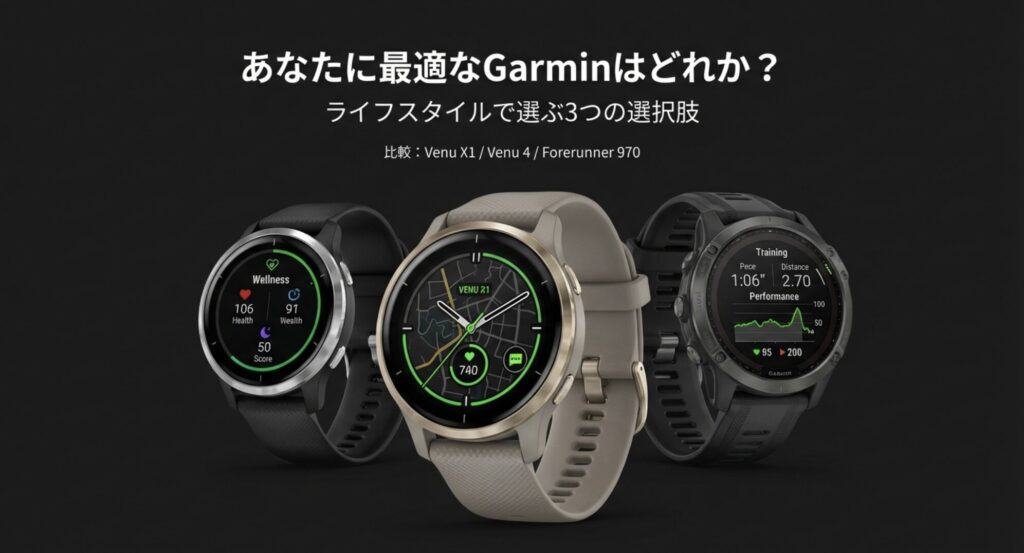 Garminの最新スマートウォッチ、Venu X1、Venu 4、Forerunner 970の3モデルが並んでいる様子。