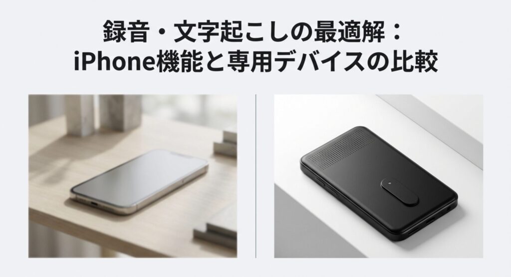iPhoneの標準機能と専用デバイスによる録音・文字起こし効率化の比較スライド資料。iPhoneと薄型の専用レコーダーが並んでいるイメージ。