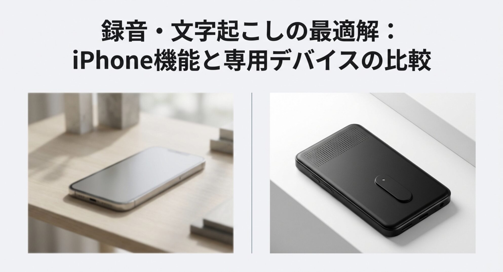 iPhoneの標準機能と専用デバイスによる録音・文字起こし効率化の比較スライド資料。iPhoneと薄型の専用レコーダーが並んでいるイメージ。