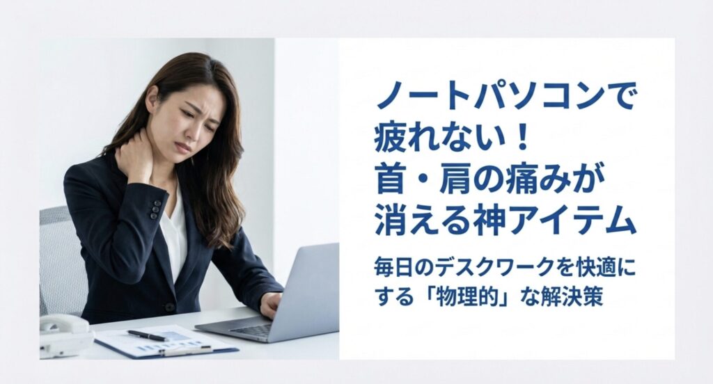首を押さえて痛みに悩むデスクワーク中の女性と疲労軽減アイテムの提案