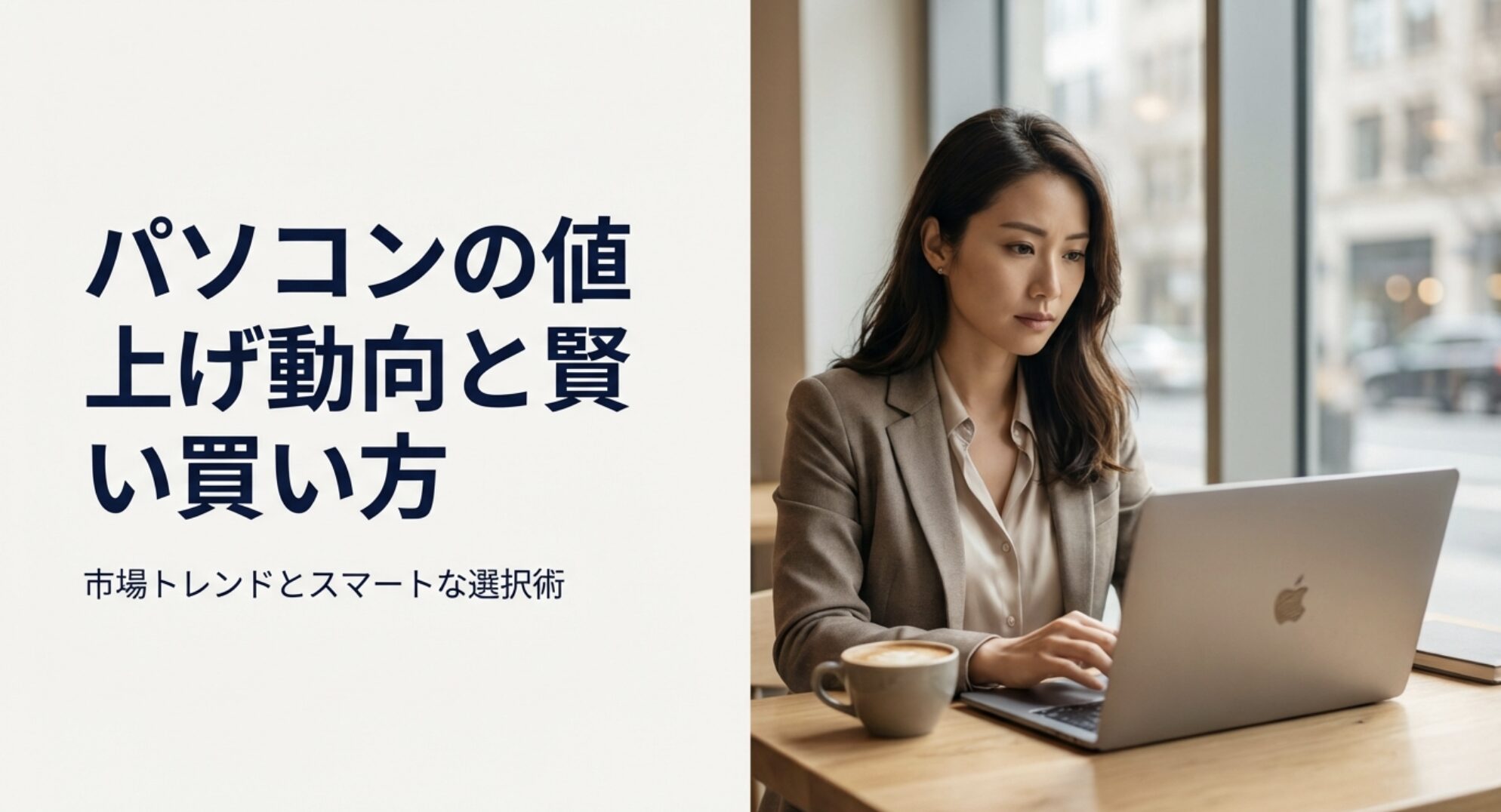 カフェでノートパソコンを開いて作業する女性の姿と、「パソコンの値上げ動向と賢い買い方」というテキスト