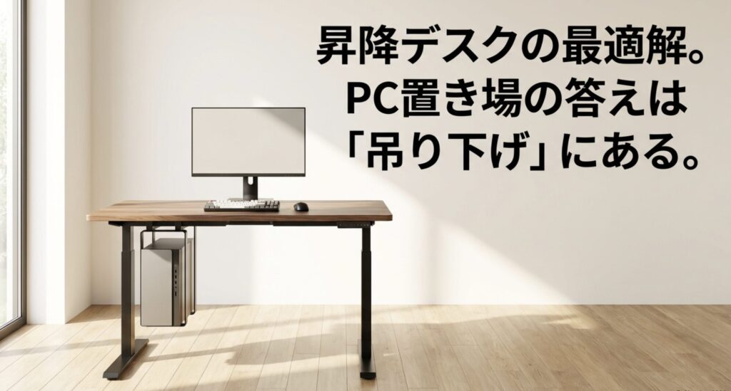 昇降デスクのPC置き場の正解は吊り下げにあることを示すスライド資料の表紙