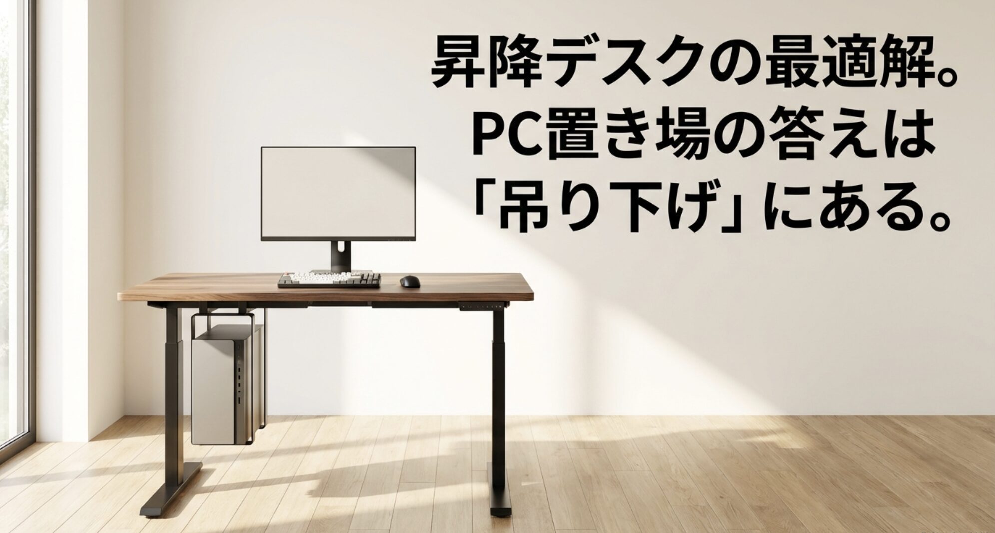 昇降デスクのPC置き場の正解は吊り下げにあることを示すスライド資料の表紙