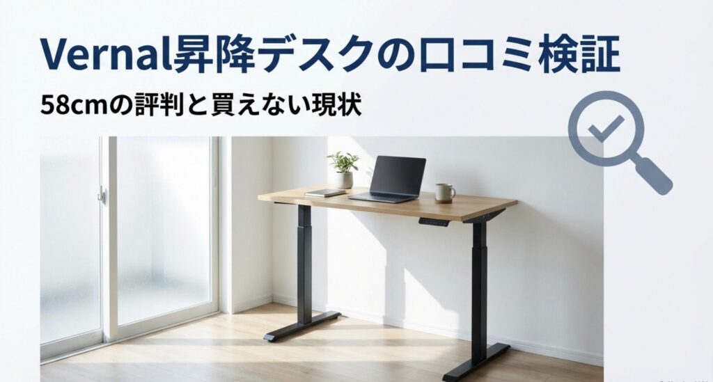 Vernal昇降デスクの口コミ検証と58cmの使い心地、現在の購入状況について解説するスライドのアイキャッチ画像