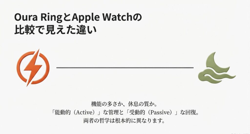Oura RingとApple Watchの根本的な哲学の違いを示すスライド。能動的な管理と受動的な回復の対比。