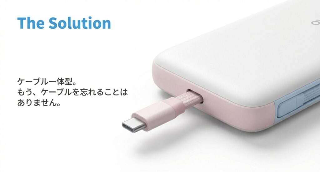ケーブル一体型だからもうケーブルを忘れることはありませんという解決策の提示