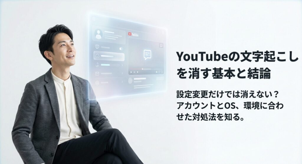 YouTubeの文字起こしを消すための環境に合わせた基本の対処法を考える男性のイメージ