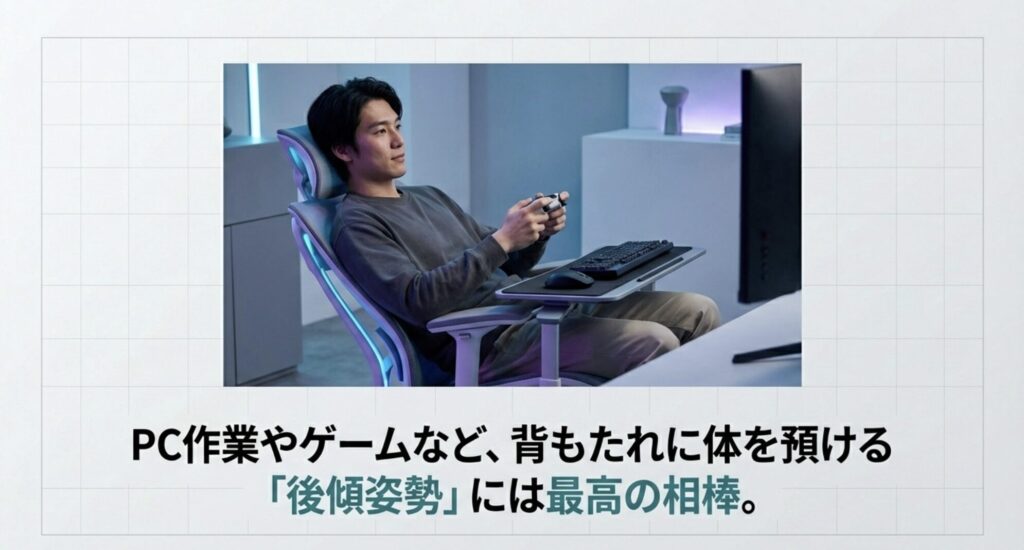 PC作業やゲームなど、背もたれに体を預ける「後傾姿勢」でCOFO Chair Pro 2を使用している様子。