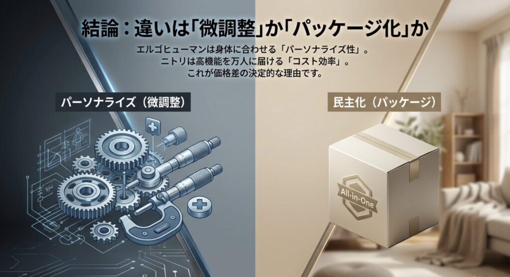 エルゴヒューマンのパーソナライズ性とニトリのパッケージ化（コスト効率）を比較した図
