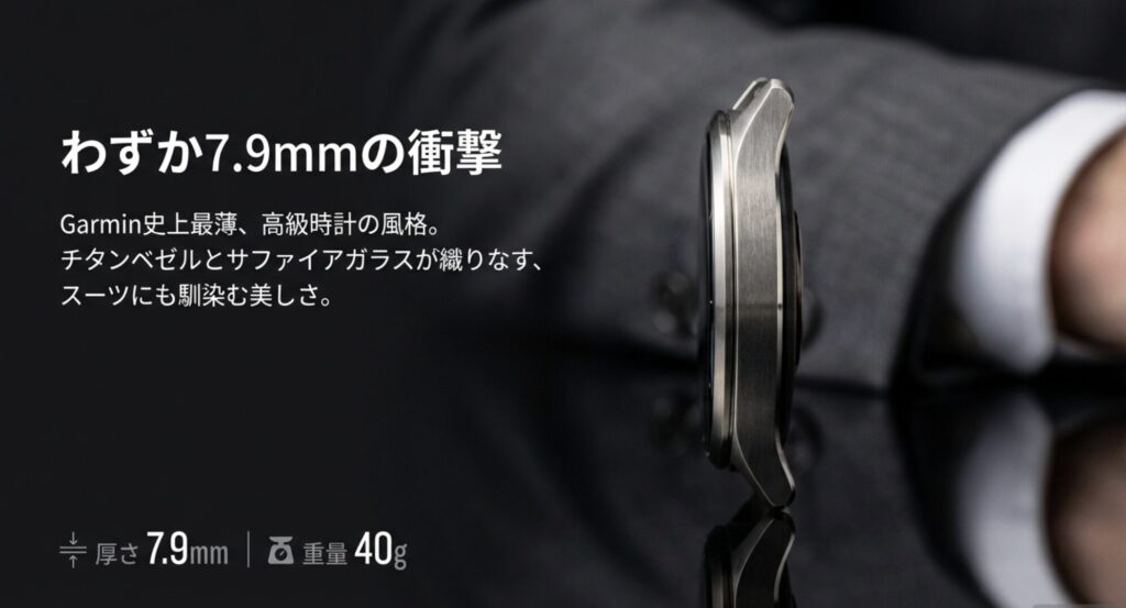 厚さわずか7.9mmのGarmin Venu X1の側面。チタンベゼルとサファイアガラスを使用した高級感のあるデザイン。