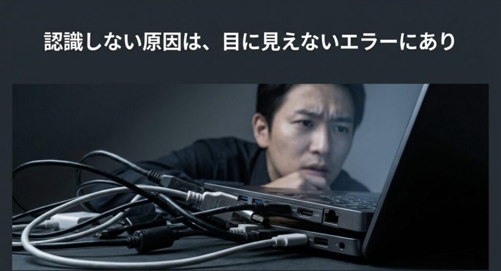 複雑に絡まったケーブルとパソコン画面を見つめて悩む男性