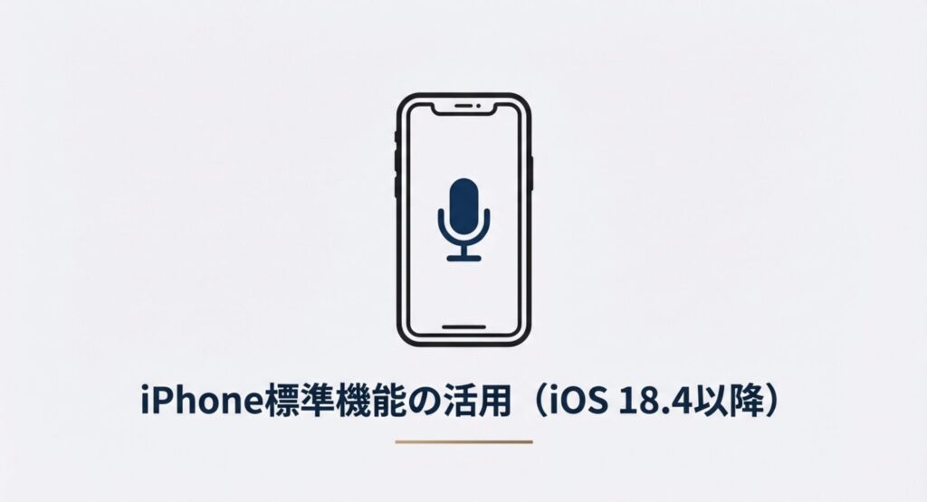 iOS 18.4以降のiPhone標準機能を活用した文字起こしについての解説見出しスライド。