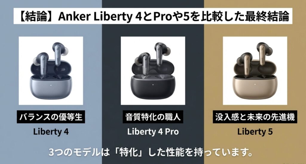 Anker Liberty 4はバランス、Proは音質、5は没入感に特化していることを示す図