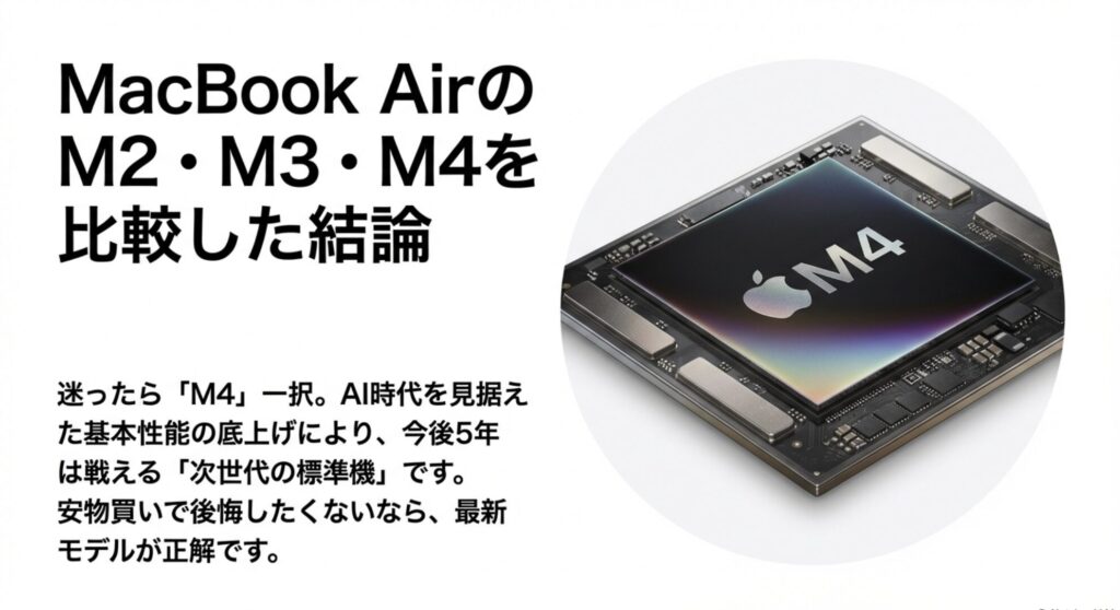 MacBook AirのM2・M3・M4を比較した結論。迷ったらM4一択、AI時代を見据えた次世代の標準機である解説