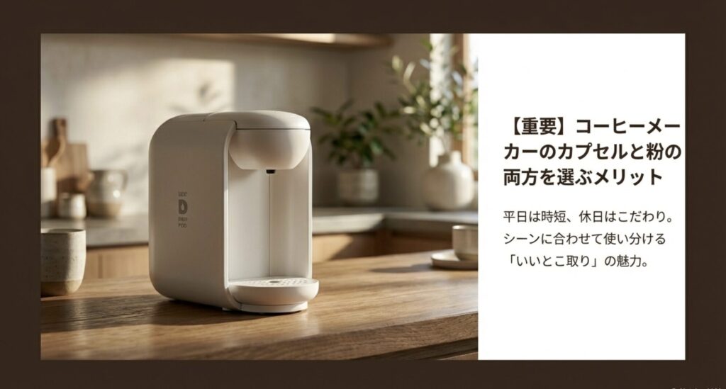 平日は時短、休日はこだわりなどシーンに合わせて使い分けるメリットを説明したスライド