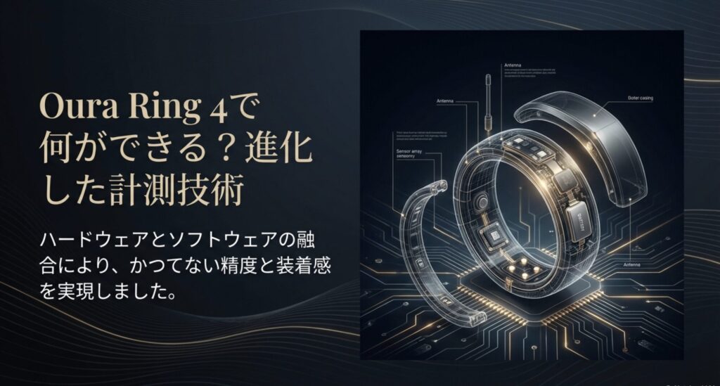 Oura Ring 4の分解図。センサーアレイ、アンテナ、バッテリー、チタンケースの構造