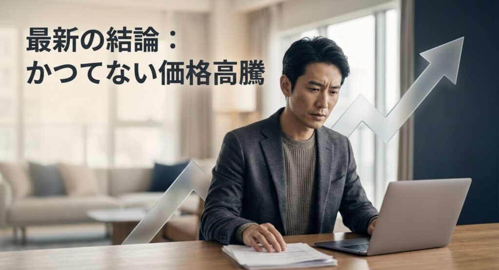 最新の結論として、パソコン市場においてかつてない価格高騰が起きていることを伝えるスライド