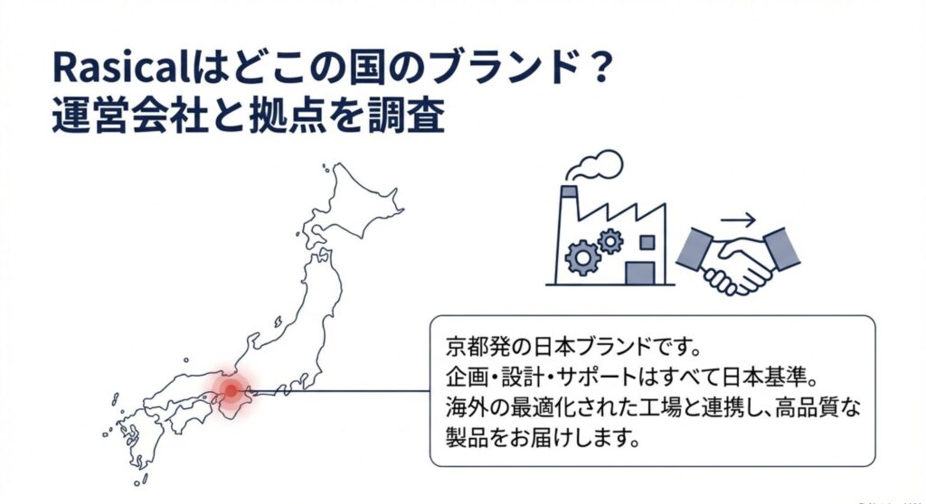 工場と握手するイラスト。企画・設計は日本、製造は海外工場というRasicalの生産体制を示す図解