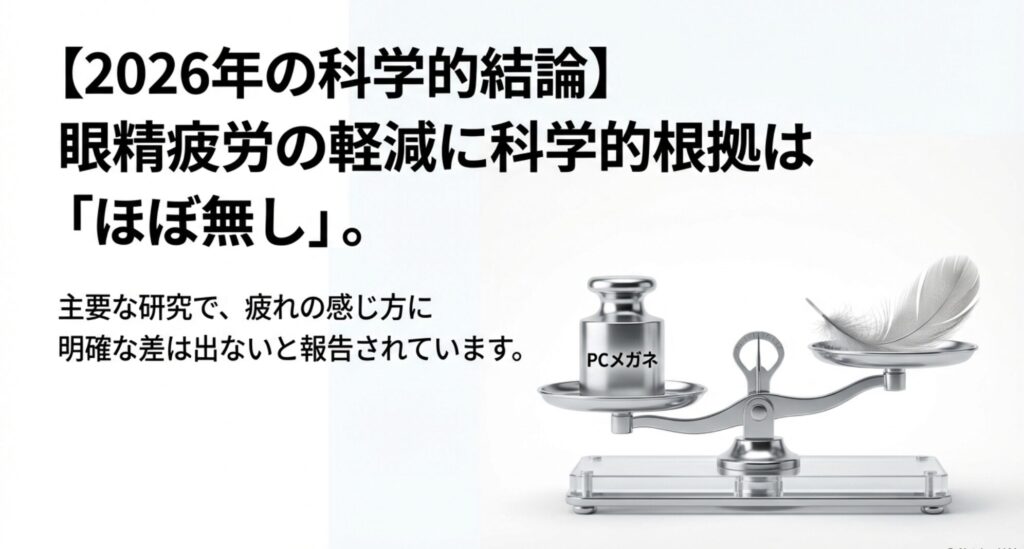 PCメガネの眼精疲労軽減効果に関する2026年の科学的結論を示した天秤のイラスト。根拠はほぼ無しとされる。