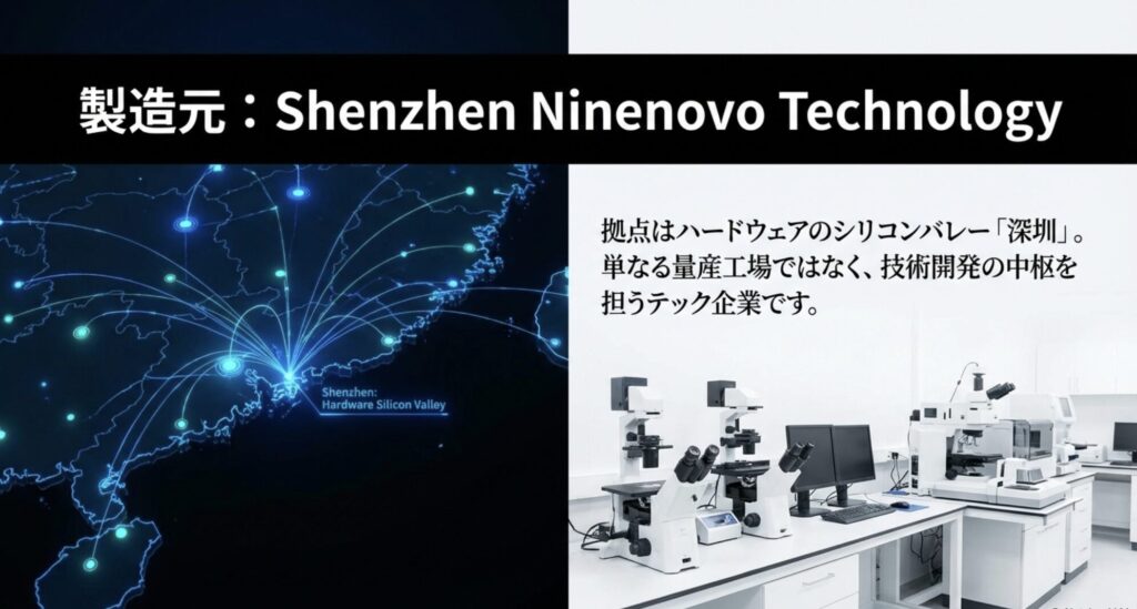 RingConnの製造元であるShenzhen Ninenovo Technologyの拠点、中国・深圳の地図と研究開発ラボのイメージ