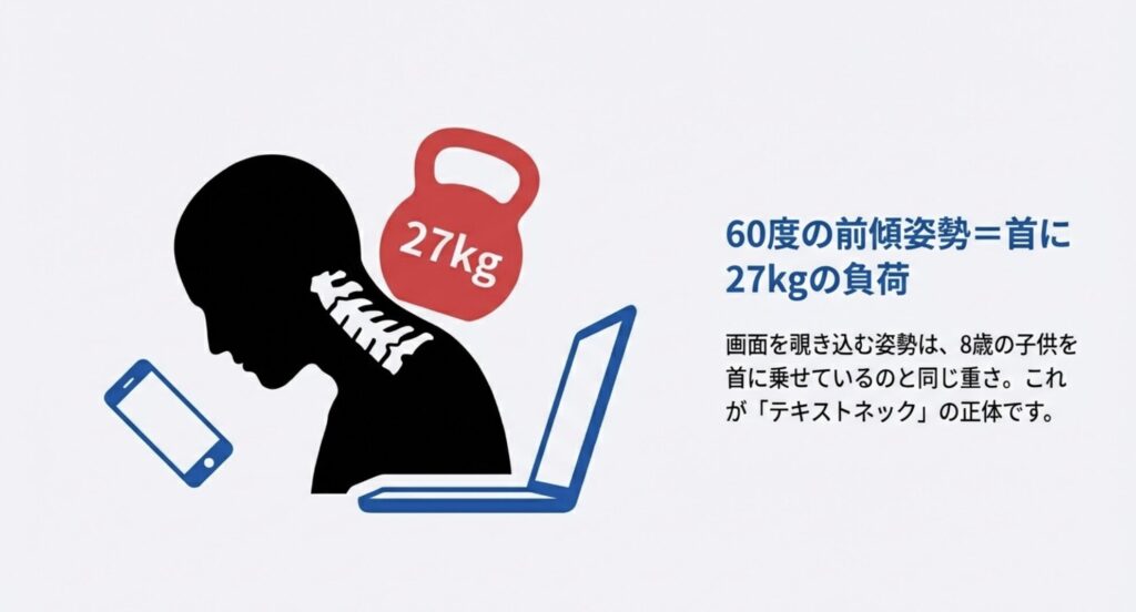 60度の前傾姿勢が首に27kgの負荷をかけるテキストネックの図解