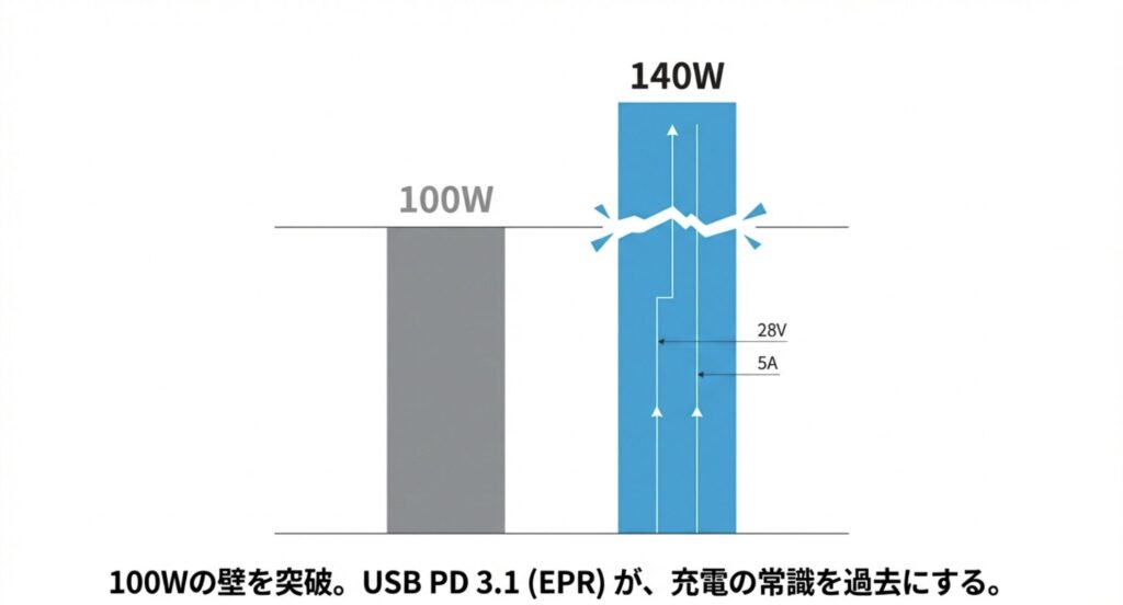 従来の100Wの限界を突破し、28Vと5Aで140W出力を可能にするUSB PD 3.1とEPR技術の図解