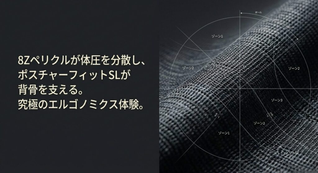 アーロンチェアの背もたれと座面の体圧分散ゾーン(8Zペリクル)と、背骨を支えるポスチャーフィットSLの構造を示したエルゴノミクス解説図。