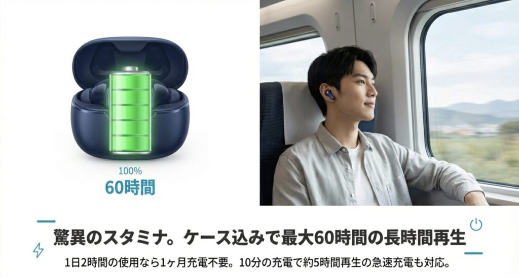 ケース込みで最大60時間の再生、10分の充電で5時間再生可能な急速充電など、Anker P40iの驚異的なスタミナを説明する画像。