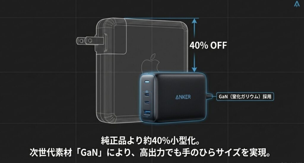 純正品より40%小型化されたAnker GaN搭載充電器の比較画像