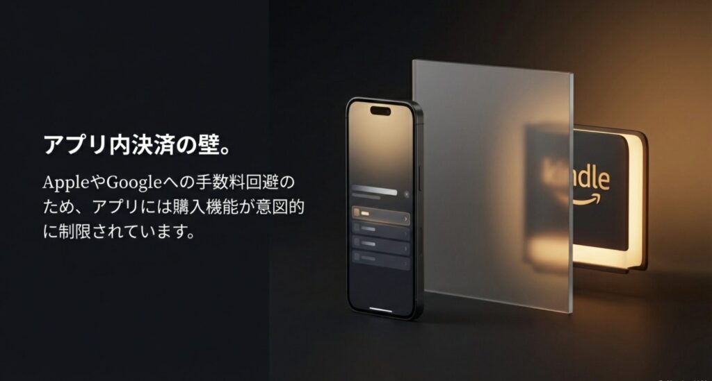 AppleやGoogleの手数料回避のためアプリ内購入機能が制限されている解説イラスト