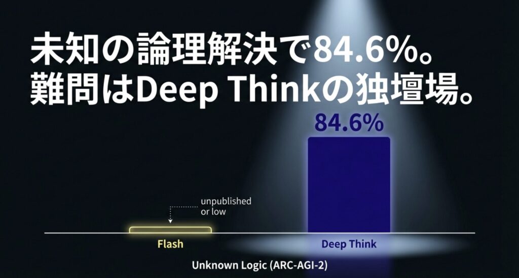 ARC-AGI-2ベンチマークにおいて、未知の論理課題でDeep Thinkが高い精度を誇ることを示すグラフ