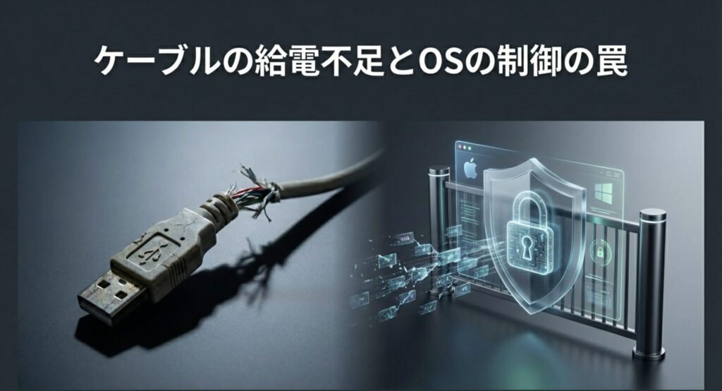 断線してボロボロになったUSBケーブルとOSの強力なセキュリティブロックのイメージ
