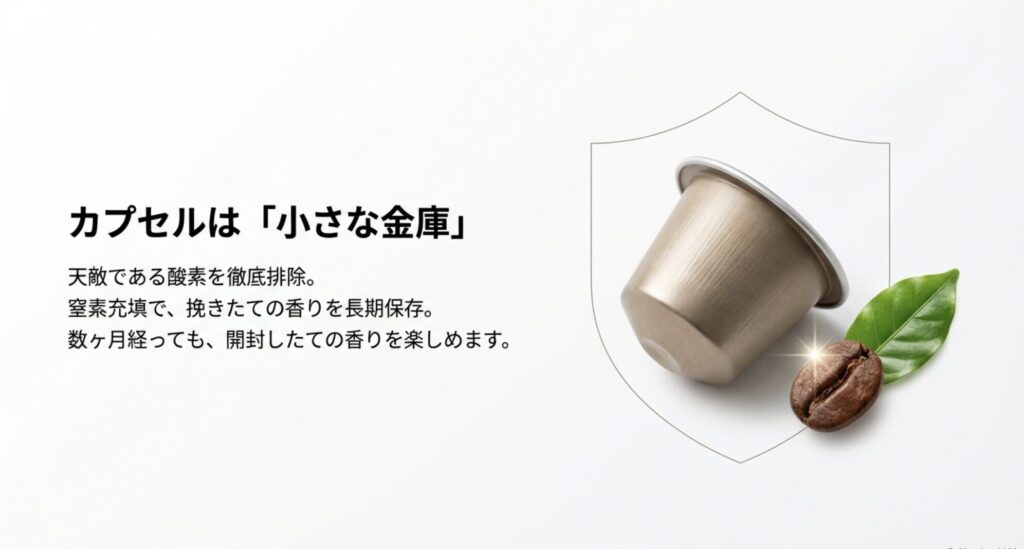 酸素を排除し窒素充填で挽きたての香りを長期保存するカプセルの構造図