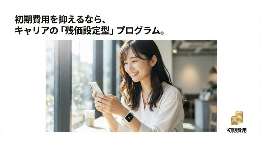 初期費用を抑えるためのキャリアの残価設定型プログラムについて解説する女性のイメージ