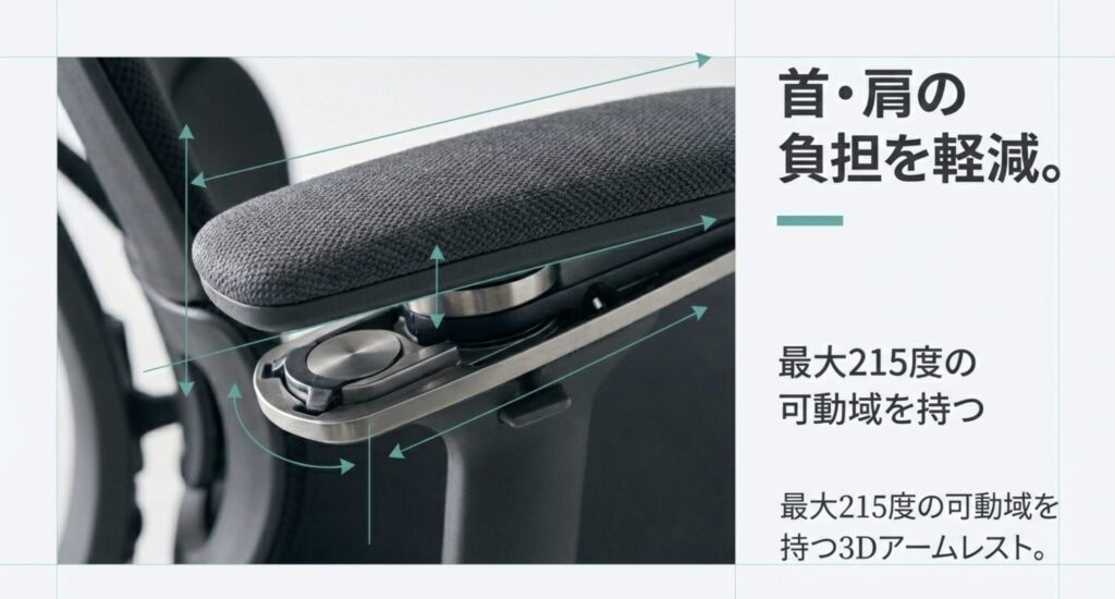 最大215度の可動域を持つ3Dアームレストの拡大写真。上下・前後・左右の角度調整が可能であることを示している。