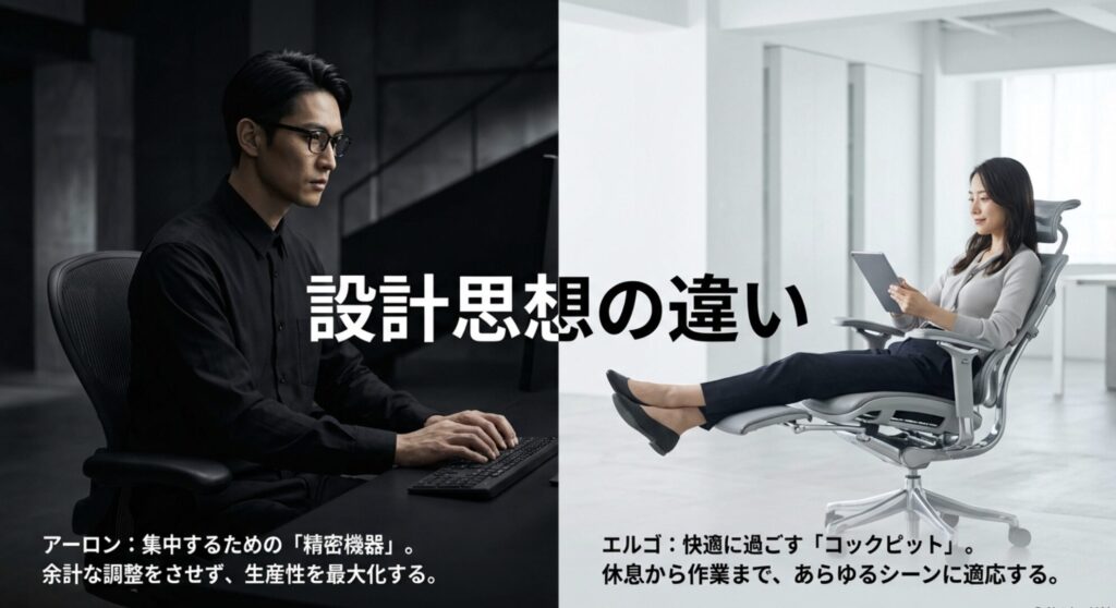 集中するための精密機器であるアーロンチェアと、快適に過ごすコックピットであるエルゴヒューマンの設計思想の比較